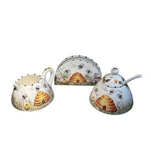 Honey Bee Ceramic Creamer Sugar Bowl & Napkin Holder Set By Cheri Lane